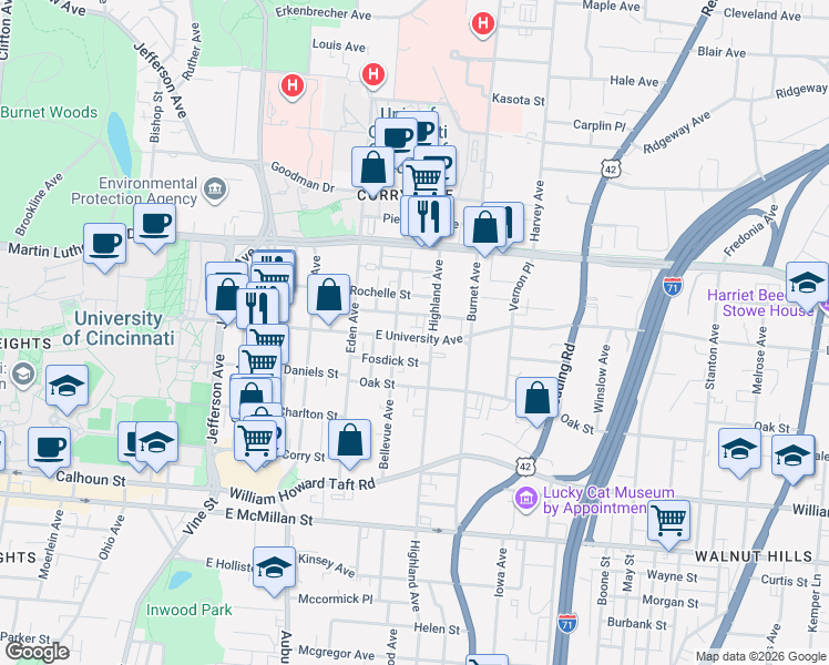 map of restaurants, bars, coffee shops, grocery stores, and more near 230 Fosdick Street in Cincinnati