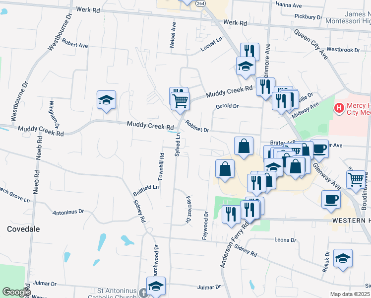 map of restaurants, bars, coffee shops, grocery stores, and more near 2259 Fayhill Drive in Cincinnati