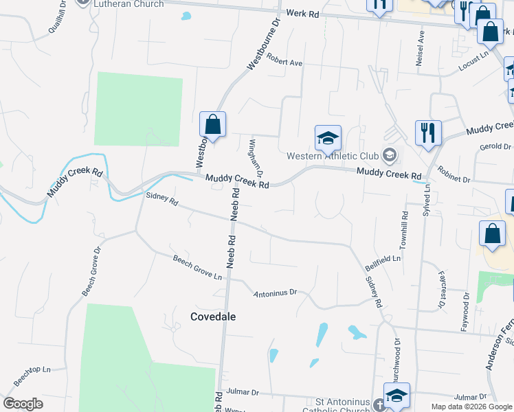 map of restaurants, bars, coffee shops, grocery stores, and more near 5643 Monica Court in Cincinnati