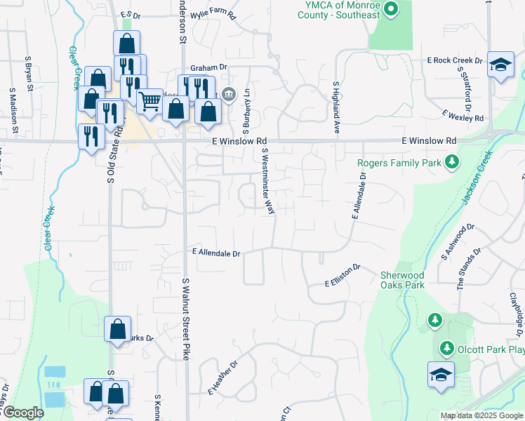 map of restaurants, bars, coffee shops, grocery stores, and more near 3500-3598 S Westminster Way in Bloomington