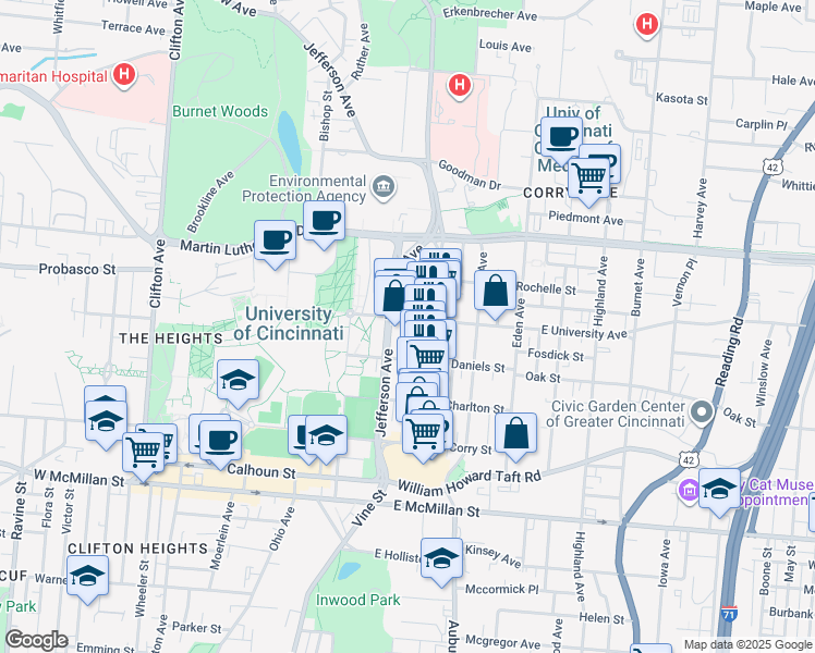 map of restaurants, bars, coffee shops, grocery stores, and more near 2809 Glendora Avenue in Cincinnati