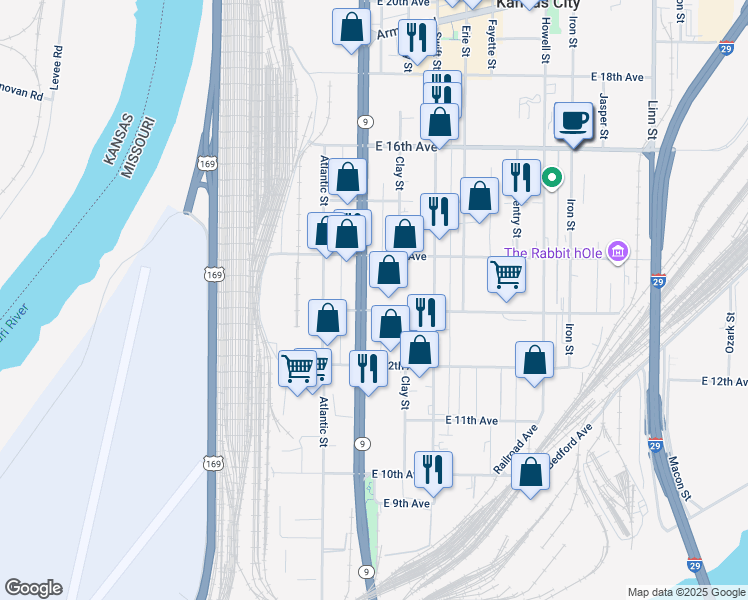 map of restaurants, bars, coffee shops, grocery stores, and more near 1301 Burlington Street in North Kansas City