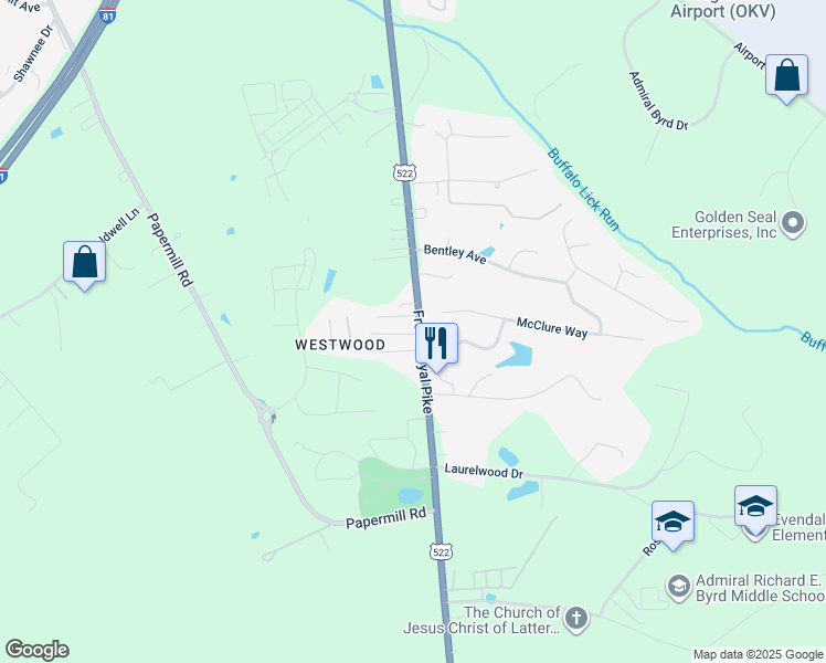 map of restaurants, bars, coffee shops, grocery stores, and more near 1124 Front Royal Pike in Winchester