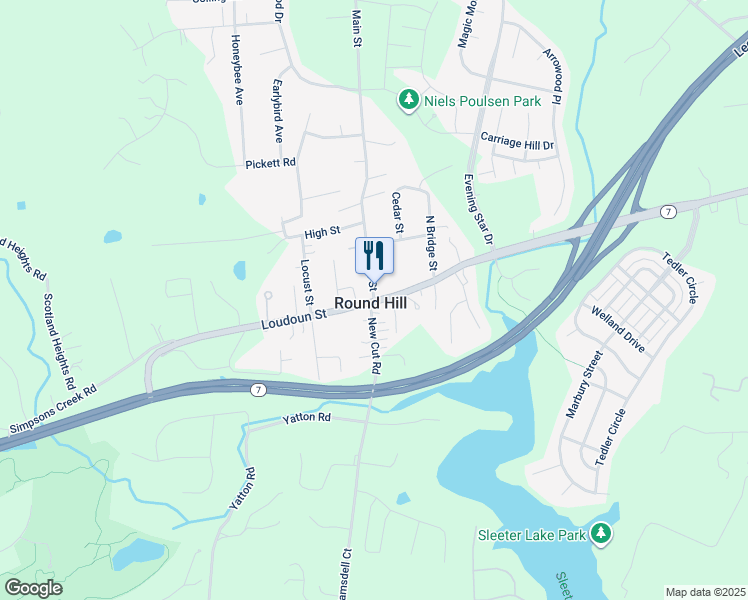 map of restaurants, bars, coffee shops, grocery stores, and more near in Round Hill