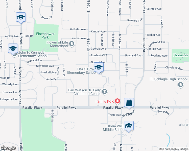 map of restaurants, bars, coffee shops, grocery stores, and more near 2401 North 67th Street in Kansas City