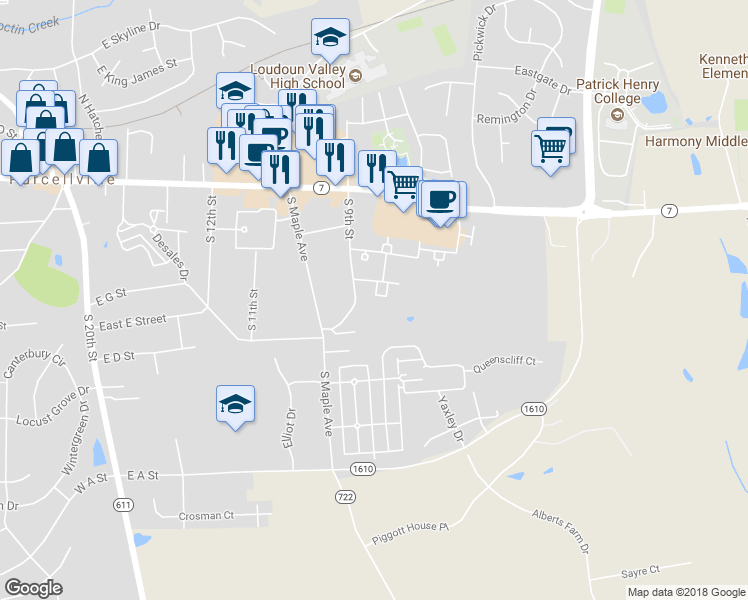 map of restaurants, bars, coffee shops, grocery stores, and more near 216 Heaton Court in Purcellville