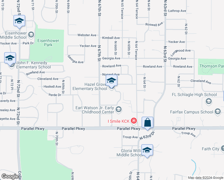map of restaurants, bars, coffee shops, grocery stores, and more near 2401 North 67th Street in Kansas City