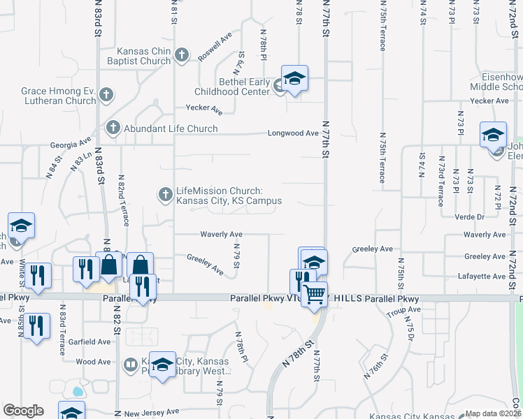 map of restaurants, bars, coffee shops, grocery stores, and more near 7836 Haskell Drive in Kansas City