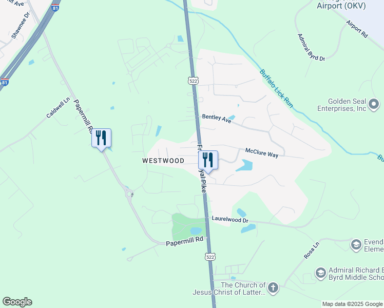 map of restaurants, bars, coffee shops, grocery stores, and more near 1124 Front Royal Pike in Winchester