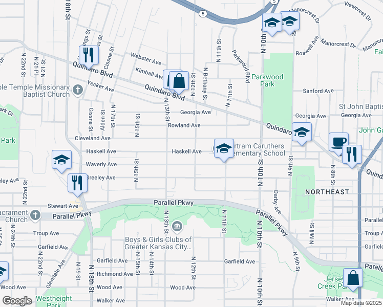 map of restaurants, bars, coffee shops, grocery stores, and more near 2318 North 12th Street in Kansas City