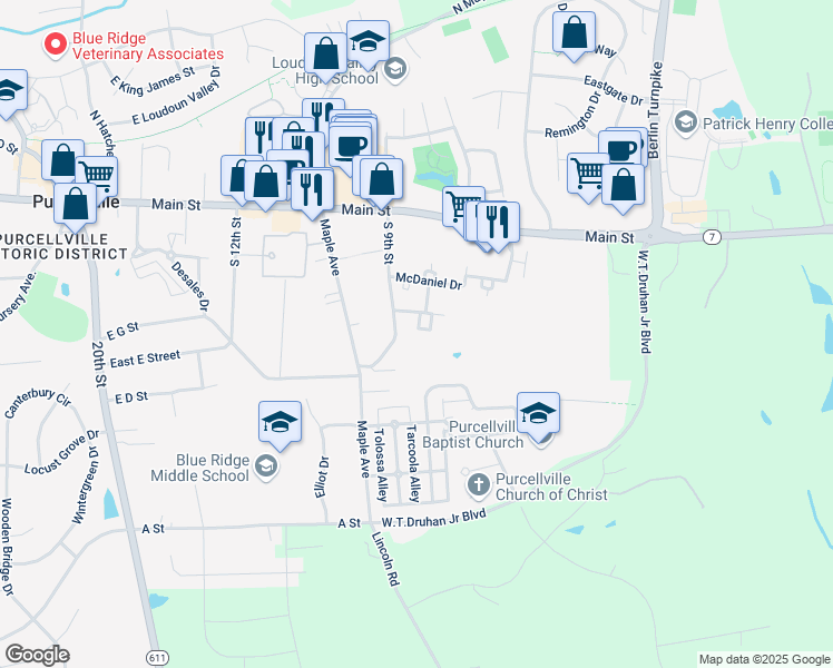 map of restaurants, bars, coffee shops, grocery stores, and more near 216 Heaton Court in Purcellville