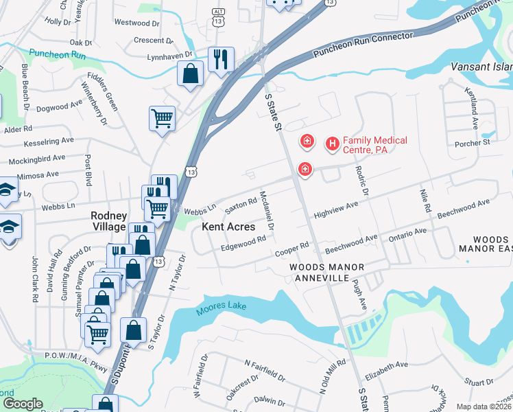 map of restaurants, bars, coffee shops, grocery stores, and more near 71 Saxton Road in Dover