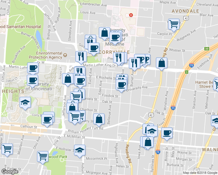 map of restaurants, bars, coffee shops, grocery stores, and more near 232 Donahue Street in Cincinnati
