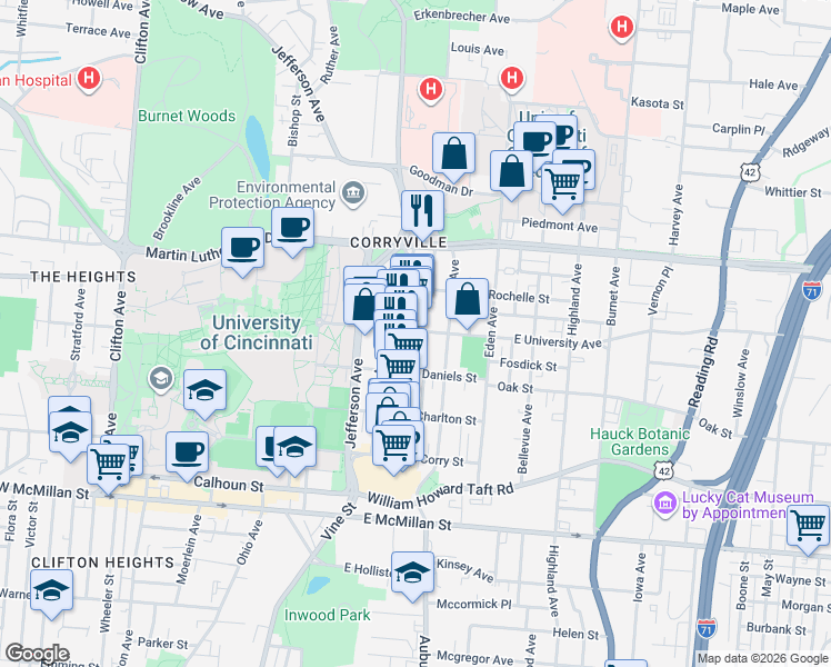 map of restaurants, bars, coffee shops, grocery stores, and more near 2919 Seminole Street in Cincinnati