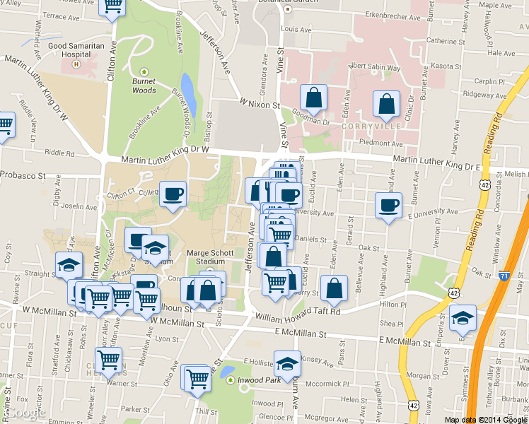 map of restaurants, bars, coffee shops, grocery stores, and more near 2915 Glendora Avenue in Cincinnati