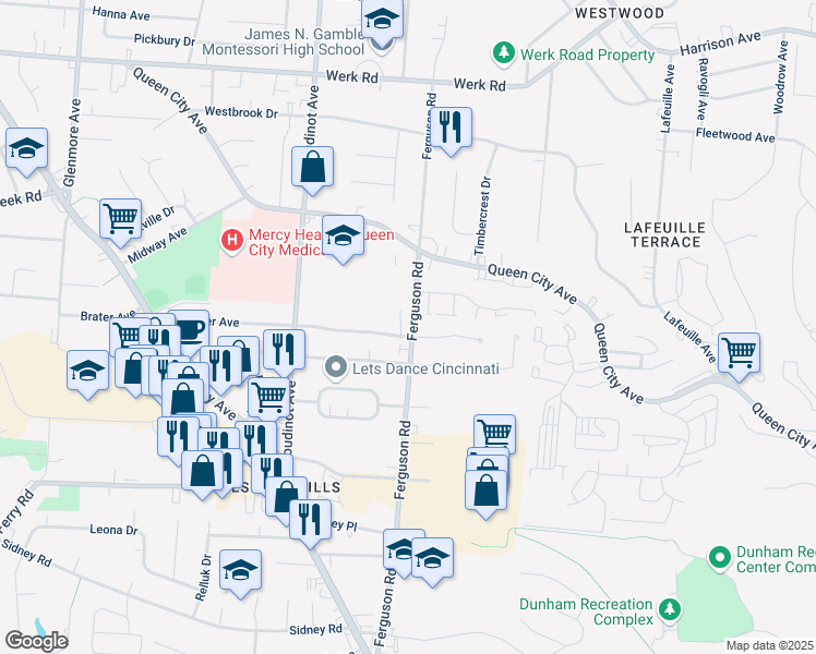 map of restaurants, bars, coffee shops, grocery stores, and more near 2562 Ferguson Road in Cincinnati