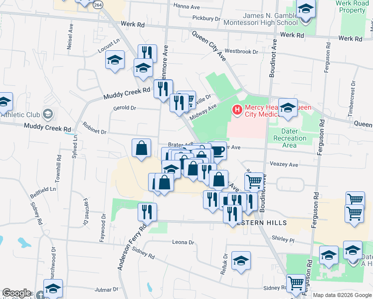 map of restaurants, bars, coffee shops, grocery stores, and more near 5645 Glenway Avenue in Cincinnati