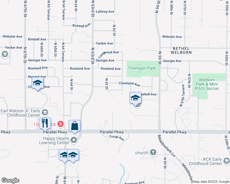 map of restaurants, bars, coffee shops, grocery stores, and more near 6143 Cleveland Avenue in Kansas City