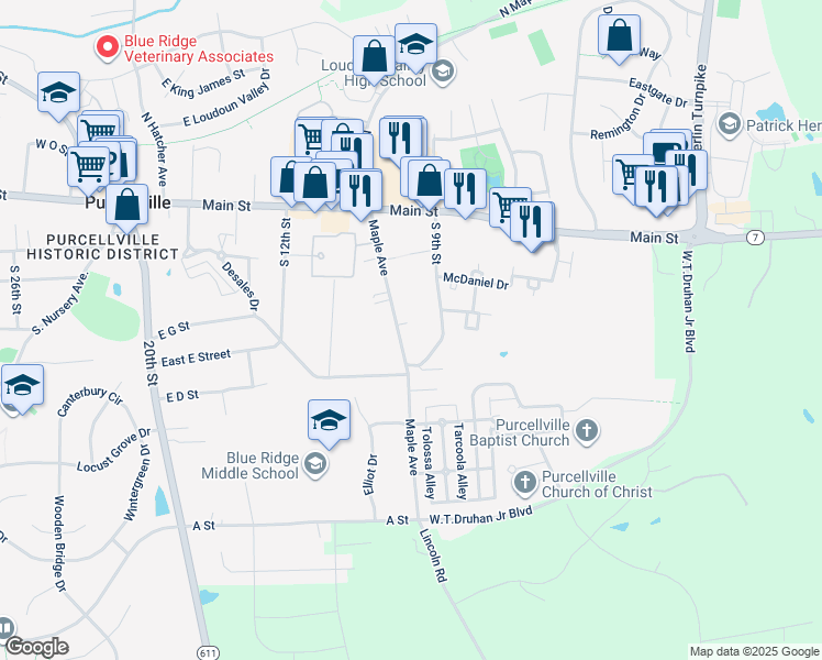 map of restaurants, bars, coffee shops, grocery stores, and more near 440 South Maple Avenue in Purcellville