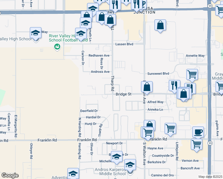 map of restaurants, bars, coffee shops, grocery stores, and more near 642 Tharp Road in Yuba City