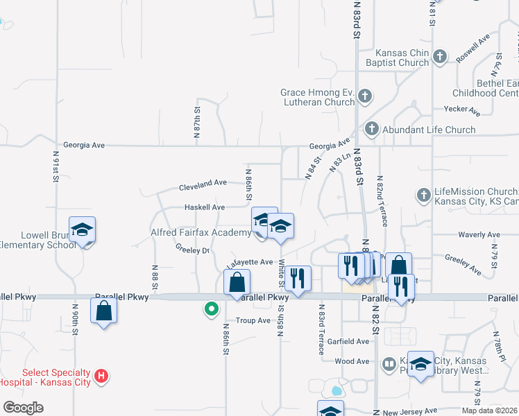 map of restaurants, bars, coffee shops, grocery stores, and more near 2421 North 86th Street in Kansas City