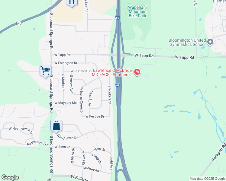 map of restaurants, bars, coffee shops, grocery stores, and more near 3211 South Yonkers Street in Bloomington