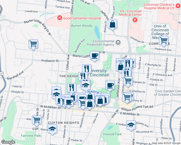 map of restaurants, bars, coffee shops, grocery stores, and more near 2851 Woodside Drive in Cincinnati