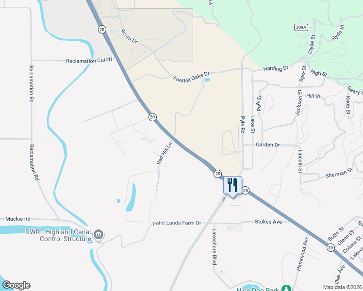 map of restaurants, bars, coffee shops, grocery stores, and more near Red Hill Ln in Upper Lake