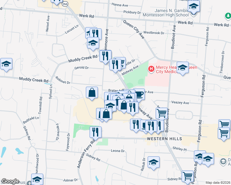map of restaurants, bars, coffee shops, grocery stores, and more near 5645 Glenway Avenue in Cincinnati