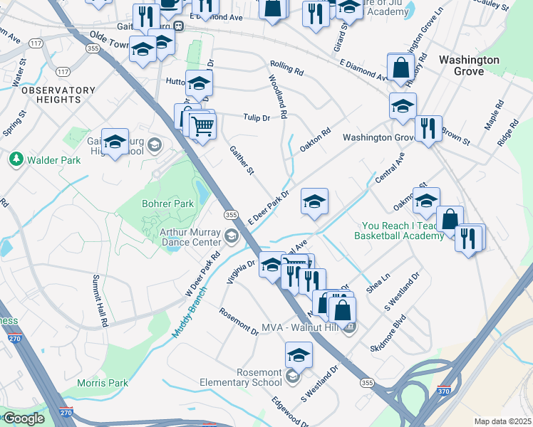 map of restaurants, bars, coffee shops, grocery stores, and more near 14 East Deer Park Drive in Gaithersburg