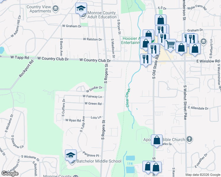 map of restaurants, bars, coffee shops, grocery stores, and more near 2923 South Rogers Street in Bloomington