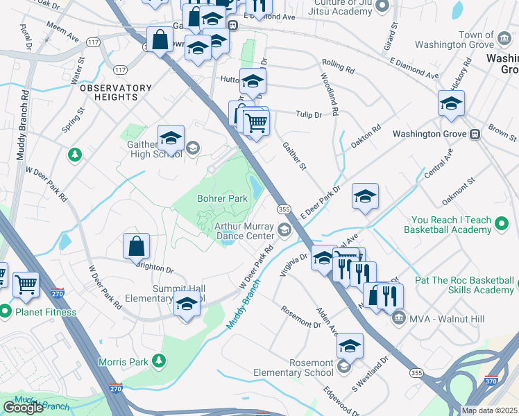 map of restaurants, bars, coffee shops, grocery stores, and more near 163 Fairbanks Drive in Gaithersburg