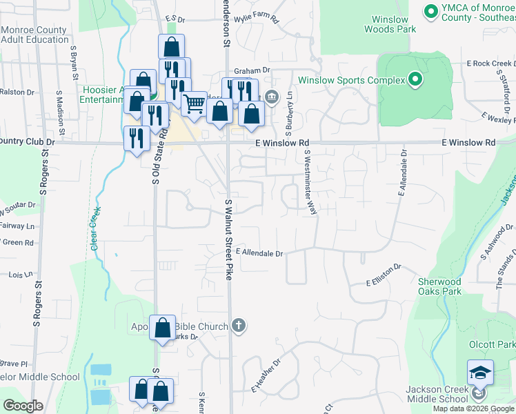 map of restaurants, bars, coffee shops, grocery stores, and more near 752 East Sherwood Hills Drive in Bloomington