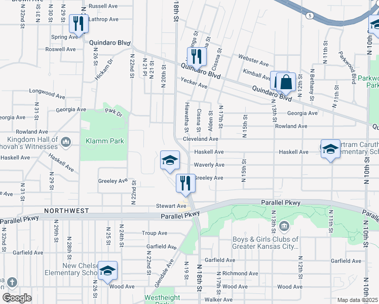 map of restaurants, bars, coffee shops, grocery stores, and more near North 18th Street & Haskell Avenue in Kansas City