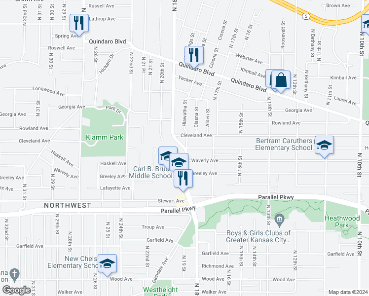 map of restaurants, bars, coffee shops, grocery stores, and more near North 18th Street & Haskell Avenue in Kansas City