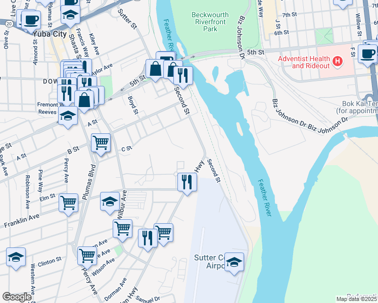 map of restaurants, bars, coffee shops, grocery stores, and more near 365 McRae Way in Yuba City