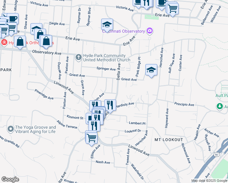 map of restaurants, bars, coffee shops, grocery stores, and more near 1215 Delta Avenue in Cincinnati