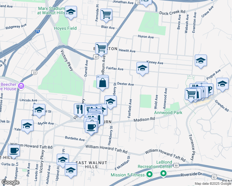 map of restaurants, bars, coffee shops, grocery stores, and more near 3052 Hackberry Street in Cincinnati
