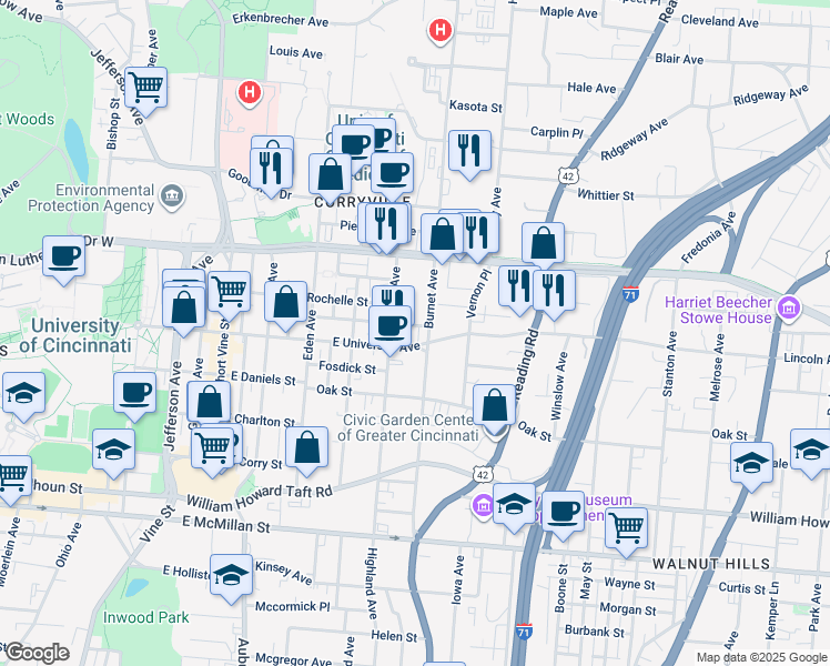 map of restaurants, bars, coffee shops, grocery stores, and more near in Cincinnati
