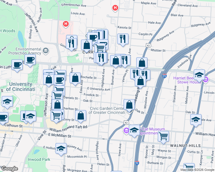 map of restaurants, bars, coffee shops, grocery stores, and more near in Cincinnati