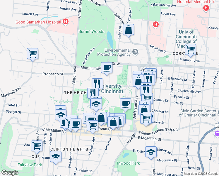 map of restaurants, bars, coffee shops, grocery stores, and more near 2912 Woodside Drive in Cincinnati