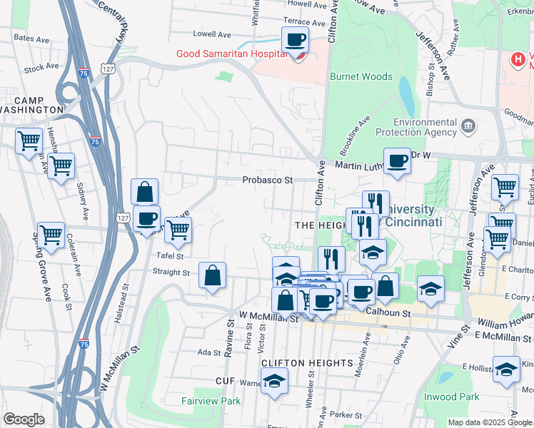 map of restaurants, bars, coffee shops, grocery stores, and more near 2805 Digby Avenue in Cincinnati