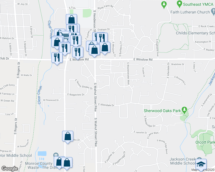 map of restaurants, bars, coffee shops, grocery stores, and more near 752 East Sherwood Hills Drive in Bloomington