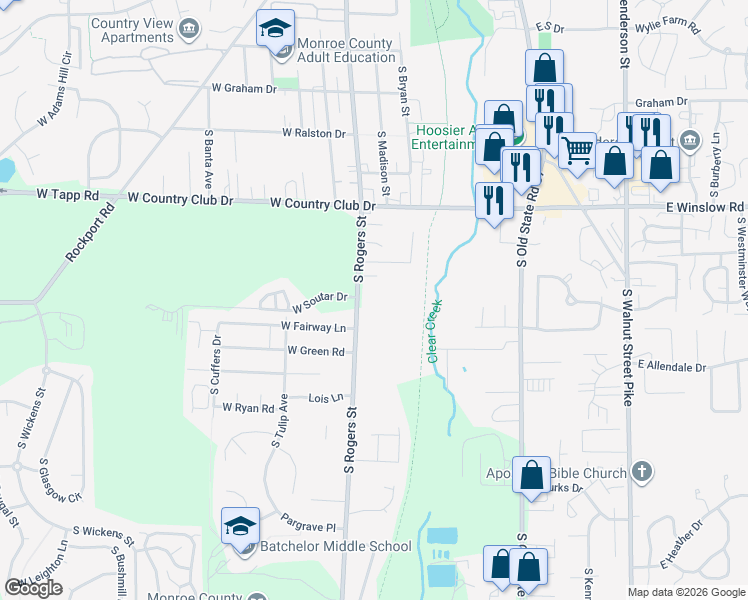 map of restaurants, bars, coffee shops, grocery stores, and more near 2923 South Rogers Street in Bloomington