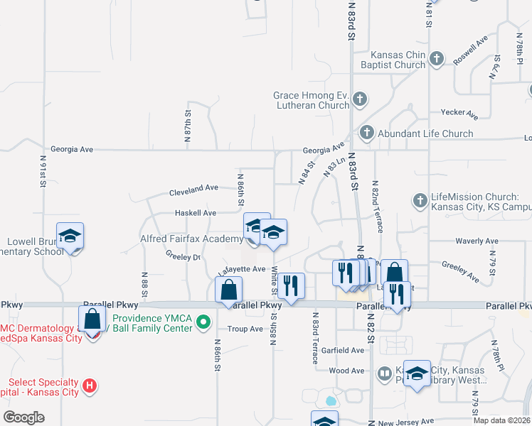 map of restaurants, bars, coffee shops, grocery stores, and more near 2424 North 85 Street in Kansas City