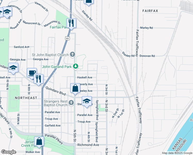 map of restaurants, bars, coffee shops, grocery stores, and more near 334 Haskell Avenue in Kansas City