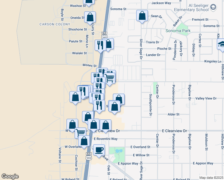 map of restaurants, bars, coffee shops, grocery stores, and more near 3701 South Carson Street in Carson City