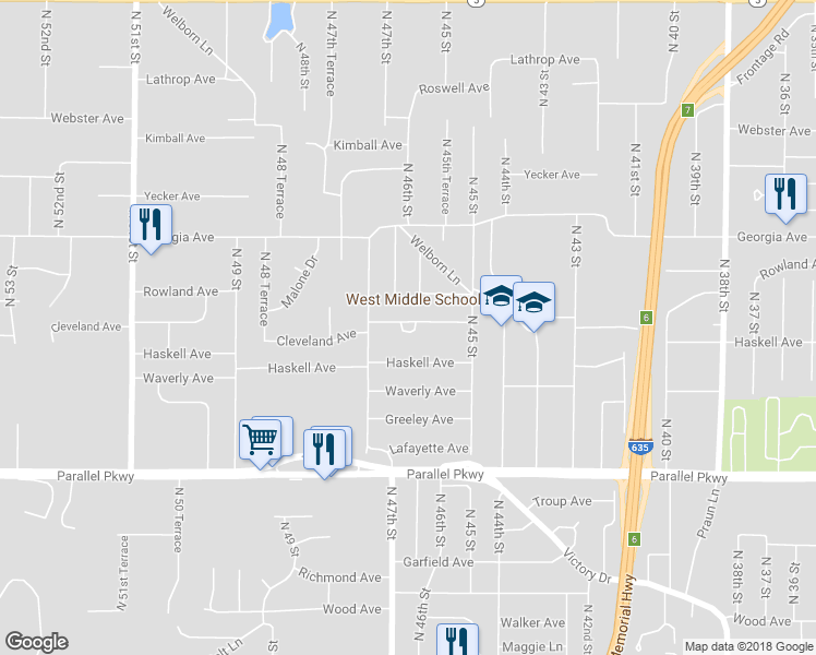 map of restaurants, bars, coffee shops, grocery stores, and more near 4621 Cleveland Avenue in Kansas City