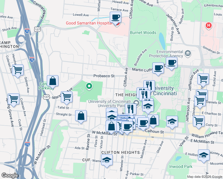 map of restaurants, bars, coffee shops, grocery stores, and more near 2811 Stratford Avenue in Cincinnati