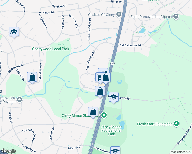 map of restaurants, bars, coffee shops, grocery stores, and more near 3610 Martins Dairy Circle in Olney